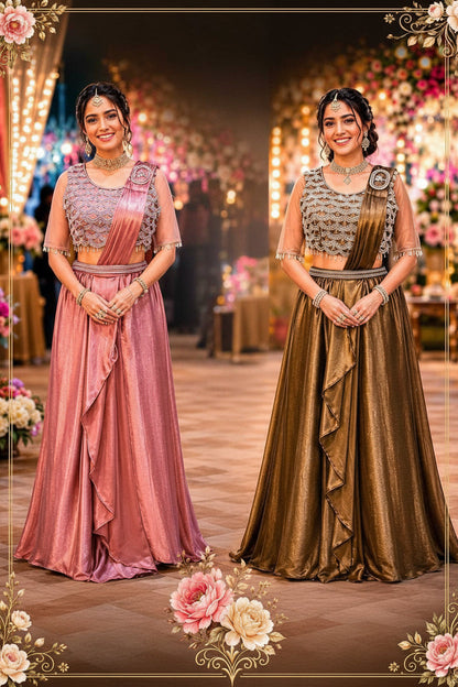 Two women in elegant dresses with 'Ruhana' branding and decorative elements.