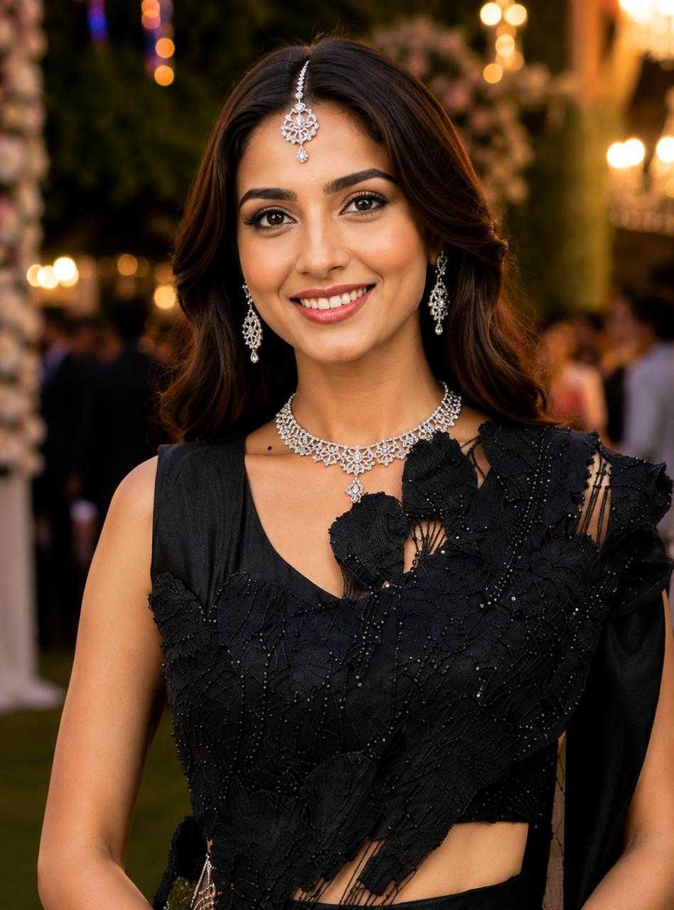 Woman in a black saree with jewelry at an event