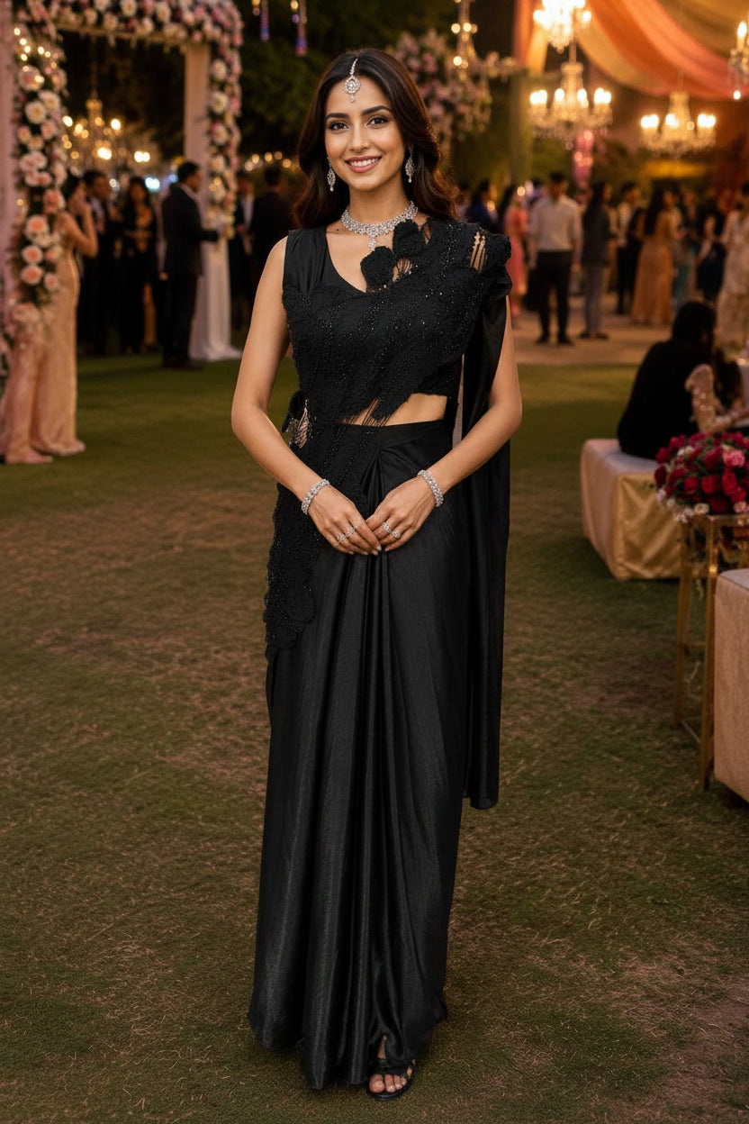 Woman in a black saree with floral details at an outdoor event.