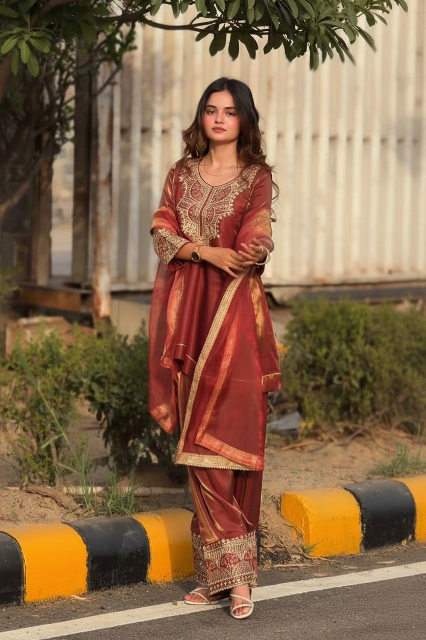 Woman in a traditional maroon saree with gold patterns standing outdoors.