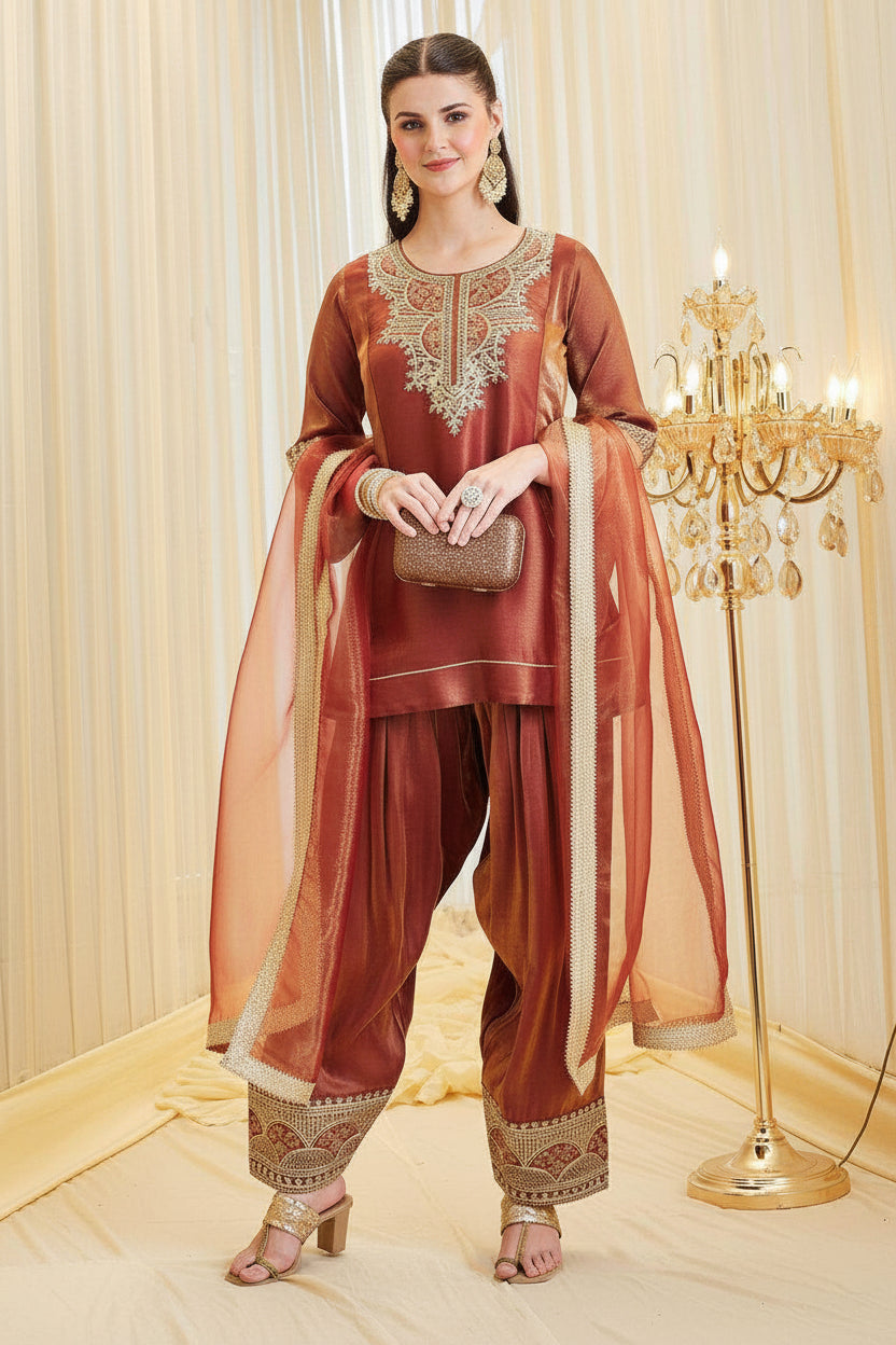 Woman in traditional maroon outfit with gold embroidery in a decorated room.