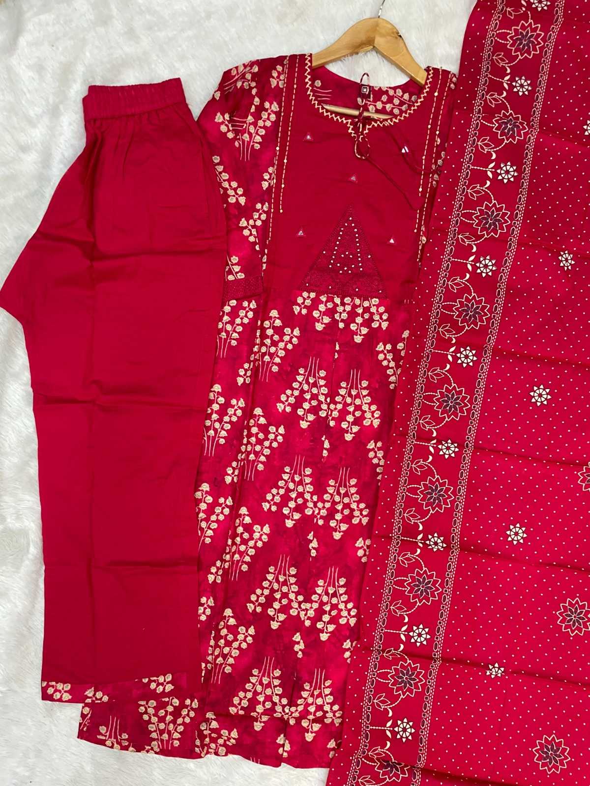 Red traditional outfit with floral patterns on a white background
