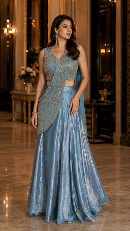 Woman in a blue and silver traditional outfit standing in an elegant indoor setting.