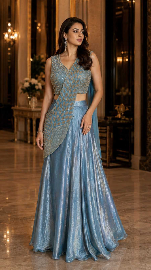 Woman in a blue and silver traditional outfit standing in an elegant indoor setting.