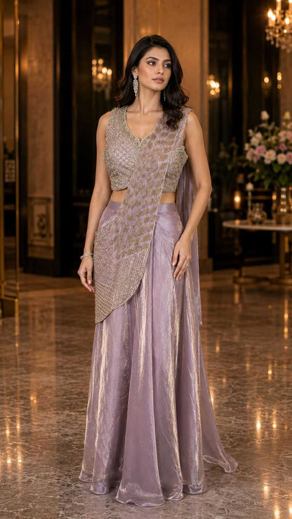 Woman in a lavender evening gown with cut-out details in an elegant indoor setting.
