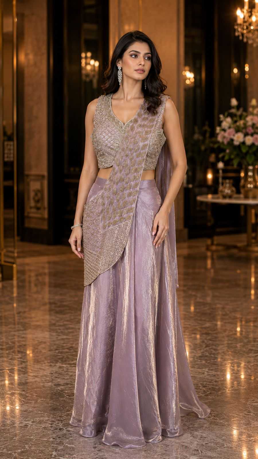 Woman in a lavender evening gown with cut-out details in an elegant indoor setting.
