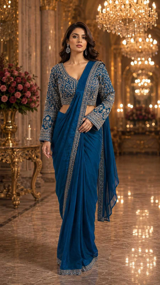 Woman in a blue saree with intricate patterns standing in an opulent room with chandeliers.