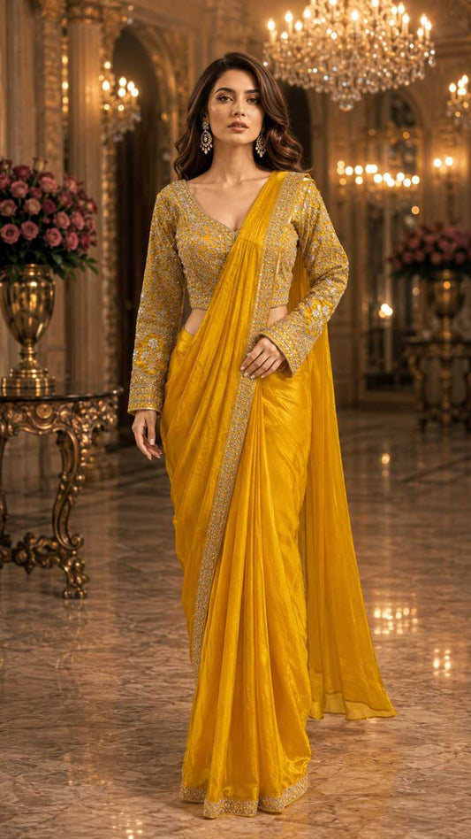 Woman in a yellow saree with gold details in an elegant indoor setting
