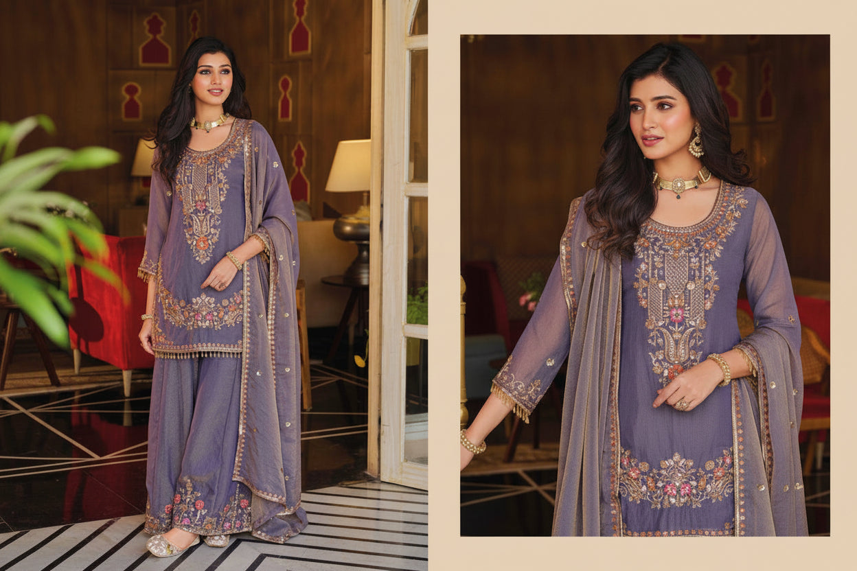 A woman modeling a traditional Indian salwar kameez suit in a split-screen format. The suit is a dusty lavender-purple color with intricate gold and multicolor floral embroidery on the chest and hem, paired with a matching sheer dupatta.