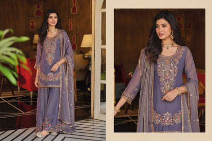 A woman modeling a traditional Indian salwar kameez suit in a split-screen format. The suit is a dusty lavender-purple color with intricate gold and multicolor floral embroidery on the chest and hem, paired with a matching sheer dupatta.