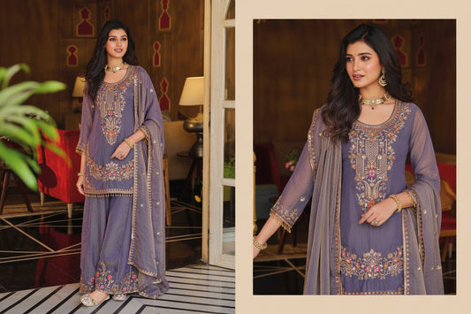 A woman modeling a traditional Indian salwar kameez suit in a split-screen format. The suit is a dusty lavender-purple color with intricate gold and multicolor floral embroidery on the chest and hem, paired with a matching sheer dupatta.