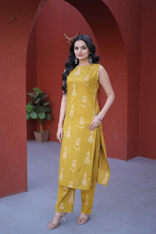 Woman in a yellow traditional outfit standing in front of a red archway.