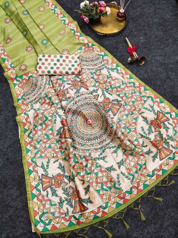 A traditional Indian saree displayed flat on a dark textured surface, featuring a light olive green border, a cream-colored body with intricate multicolor mandala and floral prints, and a matching small blouse piece.