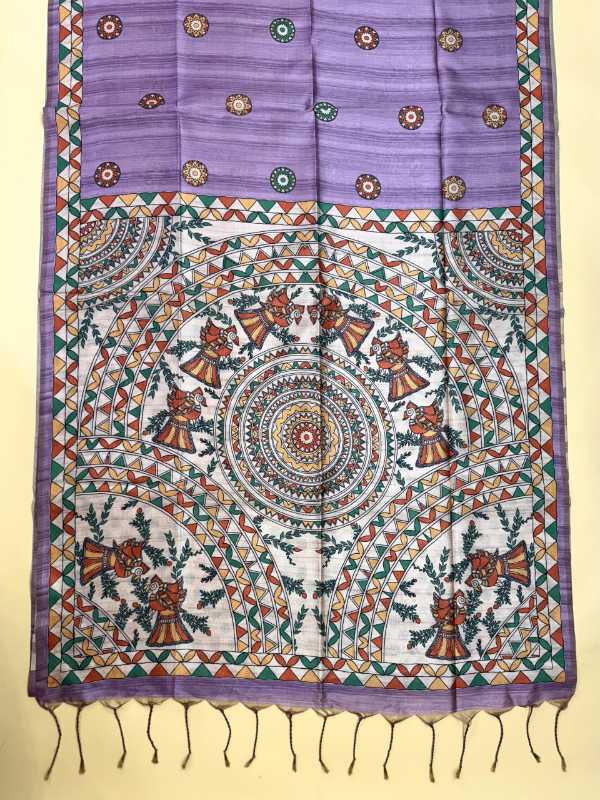 A purple and white handloom fabric piece with intricate multicolor embroidery, traditional motifs, and a fringed hem, displayed flat against a light yellow background.