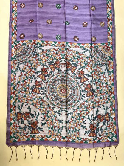A purple and white handloom fabric piece with intricate multicolor embroidery, traditional motifs, and a fringed hem, displayed flat against a light yellow background.