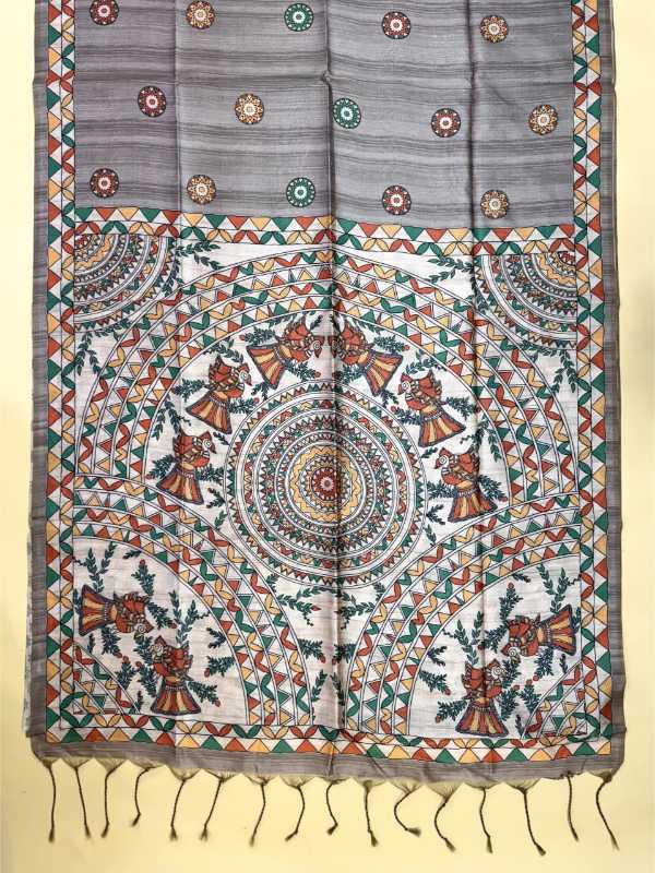 Decorative fabric with intricate patterns and colors on a beige background