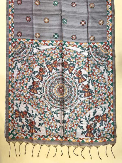 Decorative fabric with intricate patterns and colors on a beige background
