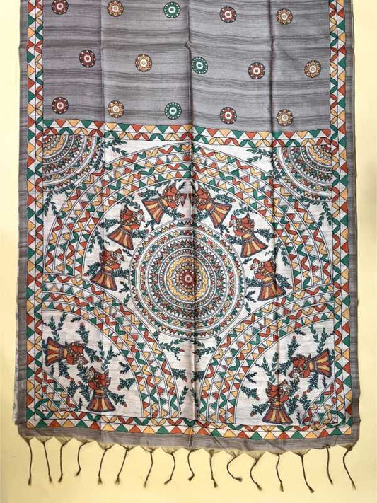 Decorative fabric with intricate patterns and colors on a beige background