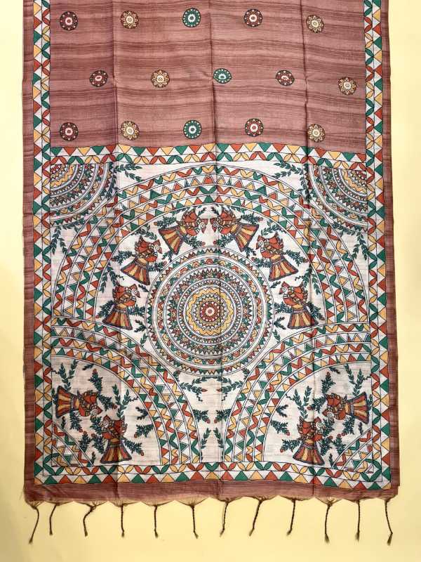 A traditional Indian kantha shawl or scarf featuring a hand-stitched pattern, with a dusty rose upper section and a highly detailed multicolor mandala and floral design on a cream lower section, finished with fringed tassels.