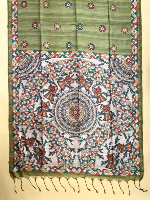 A traditional Indian handloom scarf or shawl with a sage green border, featuring a large white central panel decorated with intricate multicolor hand-painted motifs and a geometric border.
