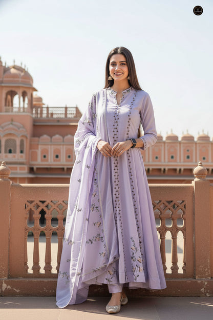 A woman stands outdoors in front of a pink sandstone palace and decorative railing, wearing a long lavender traditional outfit with floral embroidery and a matching draped scarf.