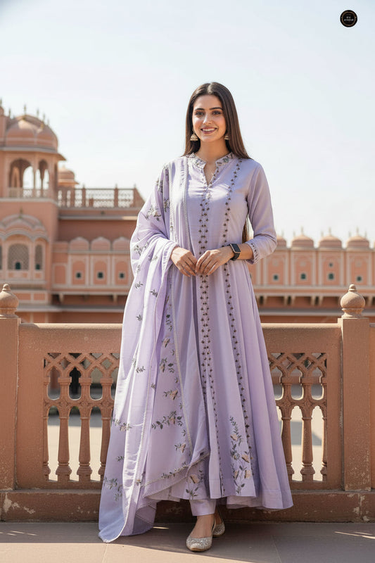 A woman stands outdoors in front of a pink sandstone palace and decorative railing, wearing a long lavender traditional outfit with floral embroidery and a matching draped scarf.