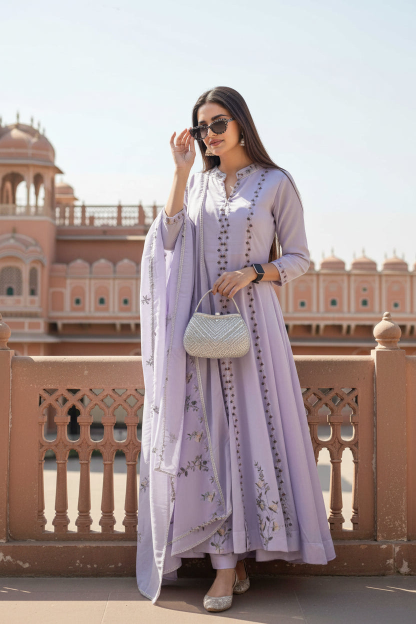 Woman in a light purple traditional outfit standing in front of a historic building.