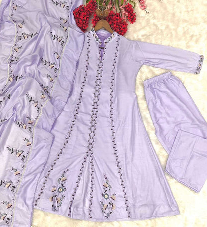 Lavender embroidered outfit with matching dupatta on a light background