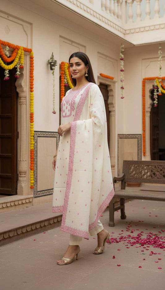 Woman in a traditional outfit standing in a decorated indoor setting