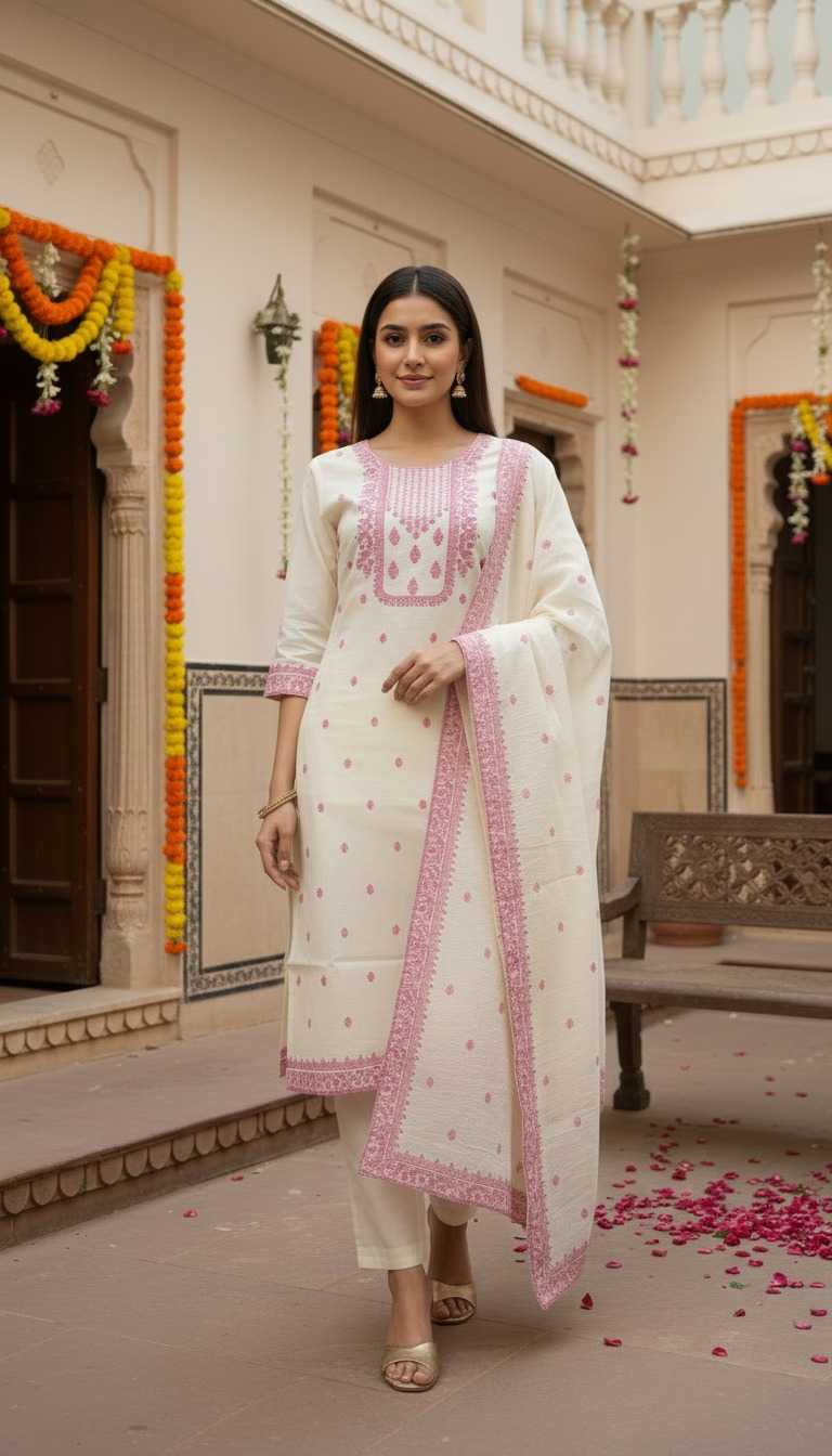 Woman in a traditional outfit standing in a decorated indoor setting