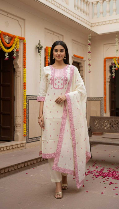 A woman stands in a courtyard wearing a traditional white salwar kameez outfit with pink border embroidery and a matching dupatta.