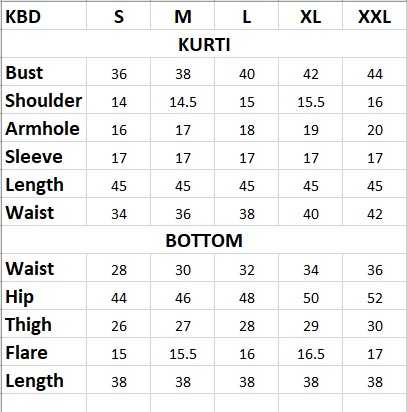Size chart for kurtis with measurements in centimeters.