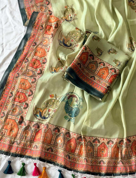 Decorative fabric with intricate patterns and colors on a white background
