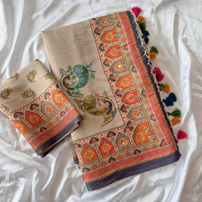 Decorative fabric with intricate patterns and tassels on a white background