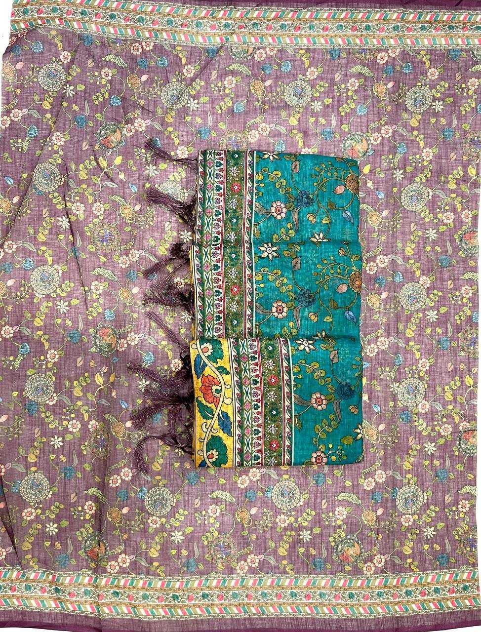 Colorful fabric with floral patterns and a green pocket on a purple background