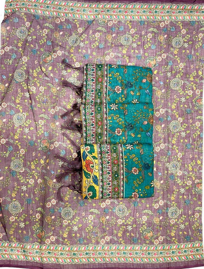 Colorful fabric with floral patterns and a green pocket on a purple background