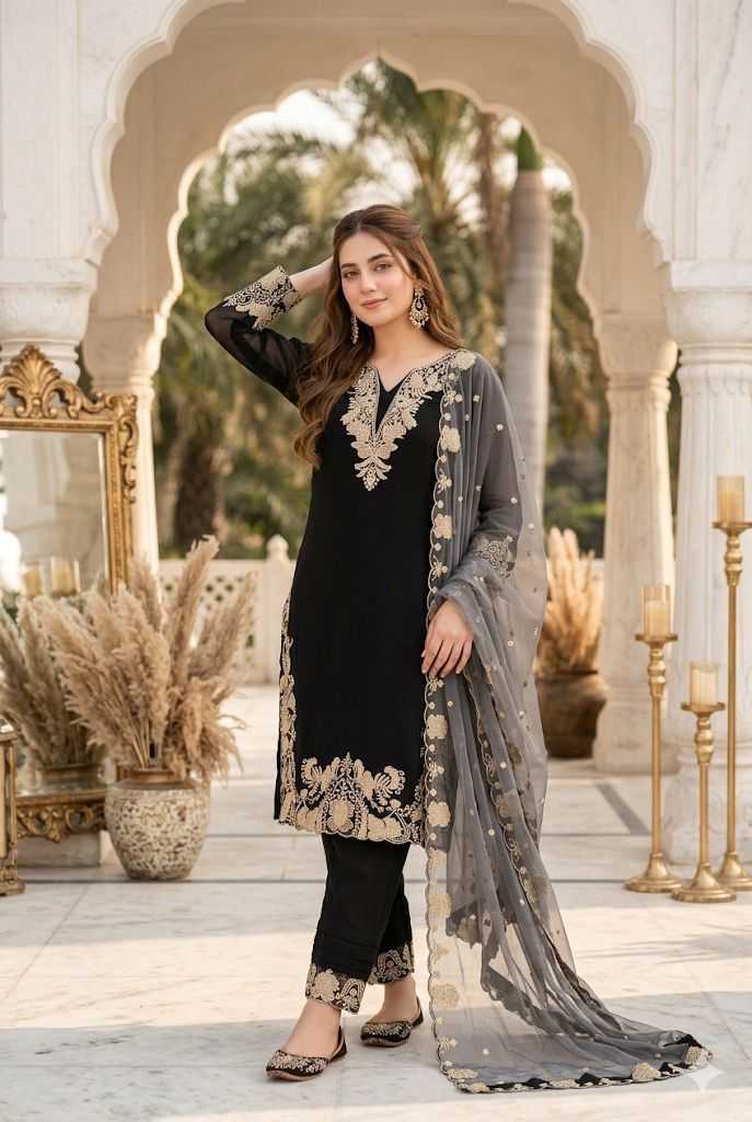Woman in black and gray traditional outfit with floral patterns in an elegant outdoor setting.