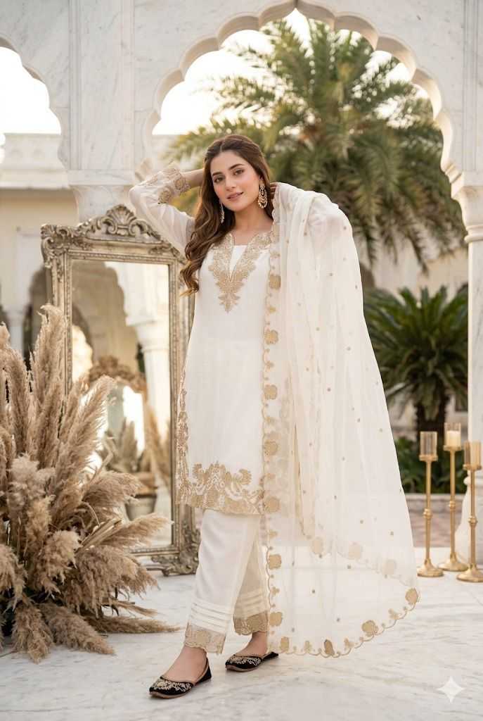 Woman in a white and gold traditional outfit standing in an ornate outdoor setting with palm trees.