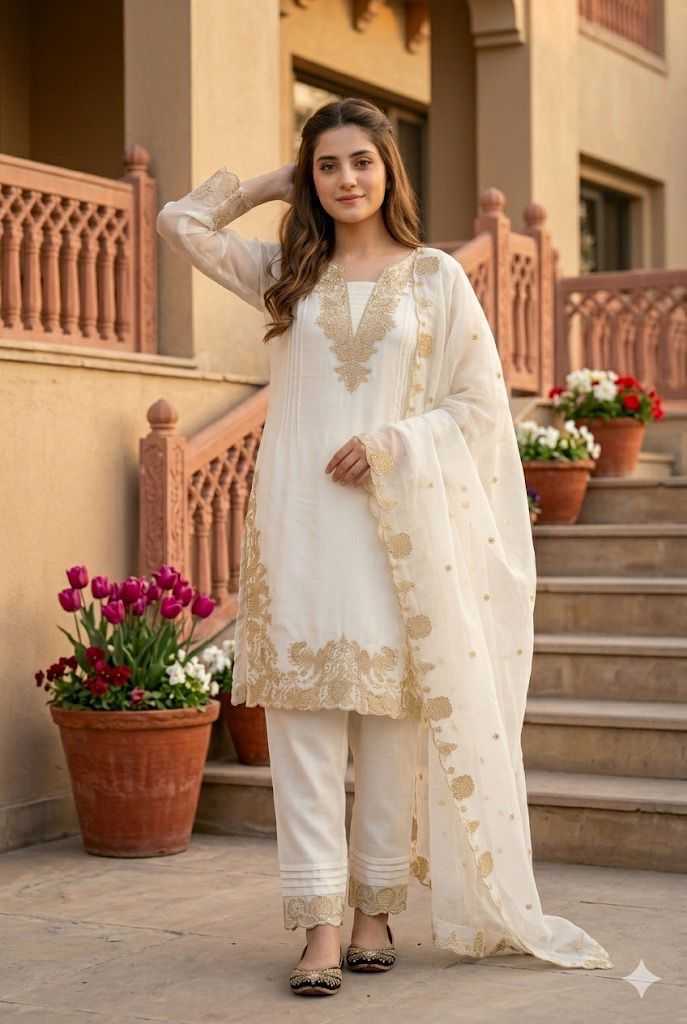 Woman in a white and gold traditional outfit standing outdoors with decorative plants and a building in the background.