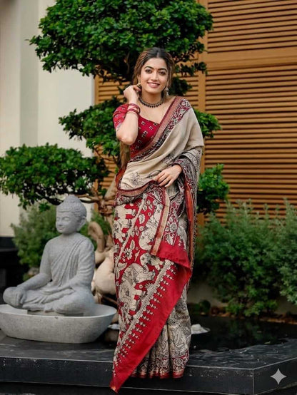 Woman in a red and beige saree standing outdoors with greenery and a statue in the background
