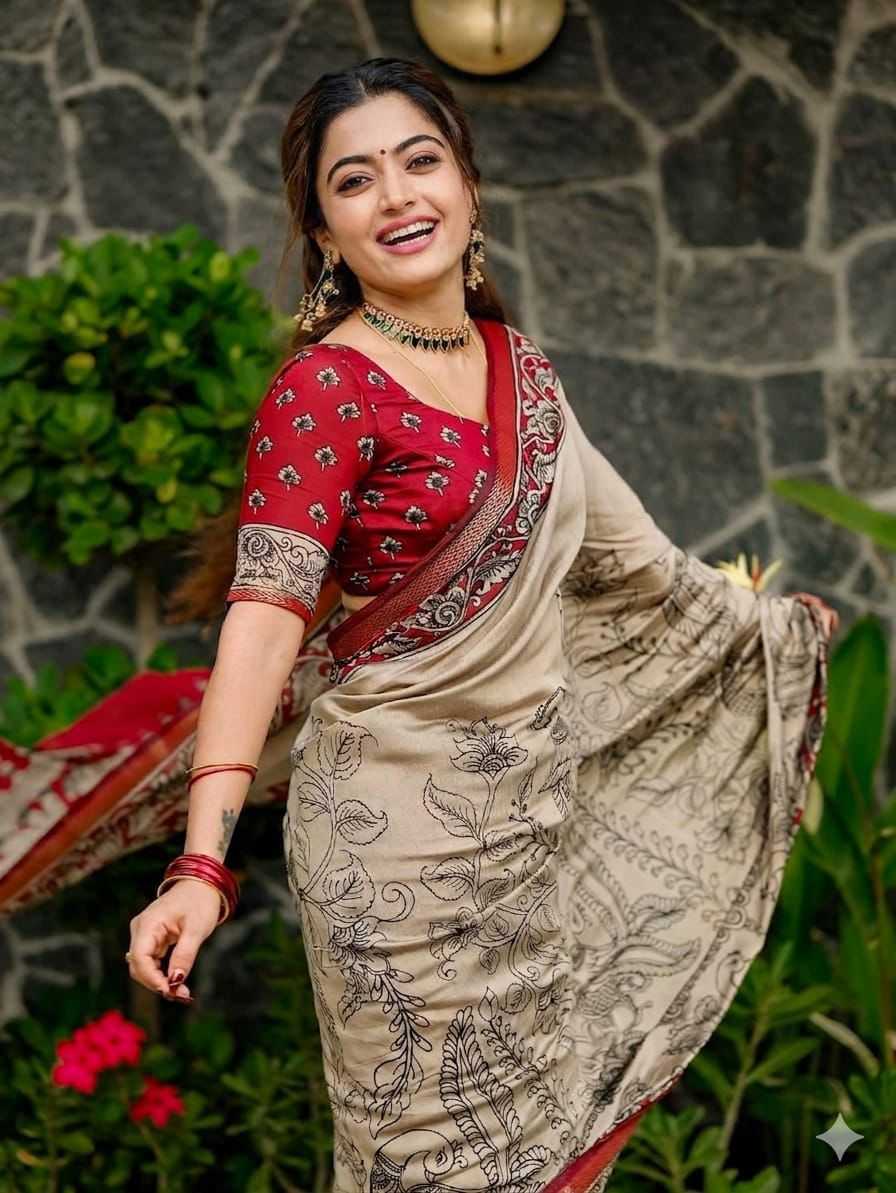 Woman in a red and beige saree standing against a stone wall with greenery.