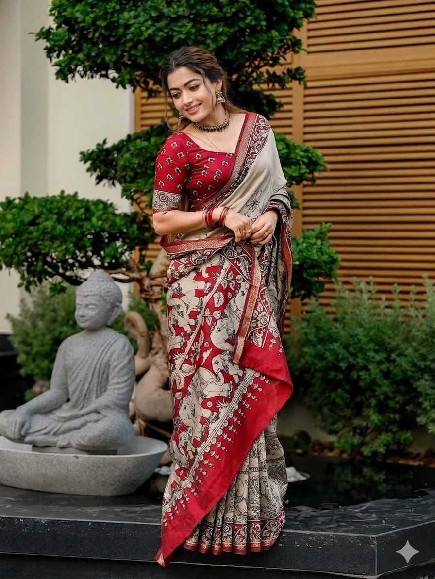 Woman in a traditional saree standing outdoors with a Buddha statue in the background