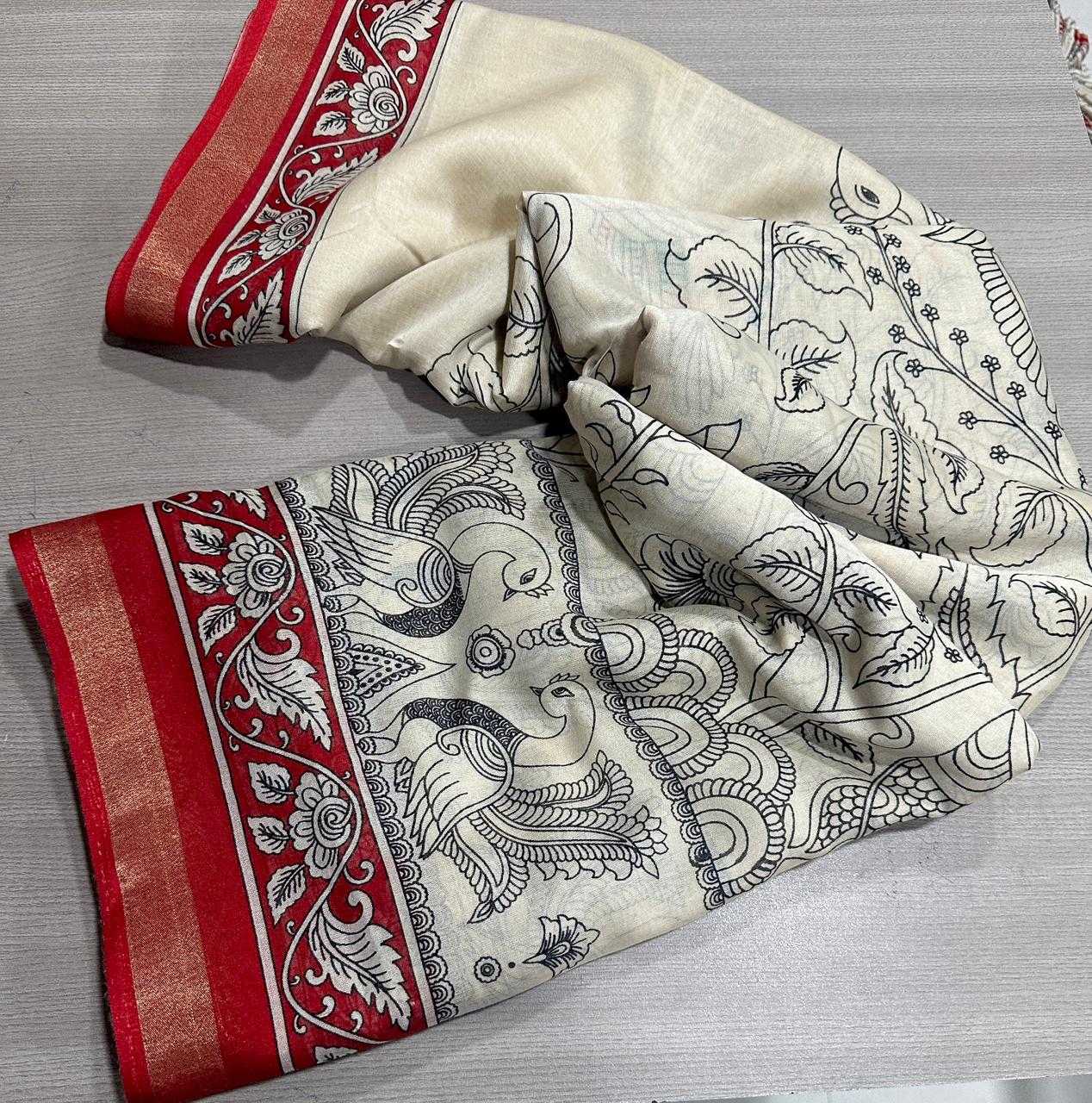 White fabric with black and red patterns on a gray surface
