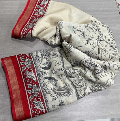 White fabric with black and red patterns on a gray surface