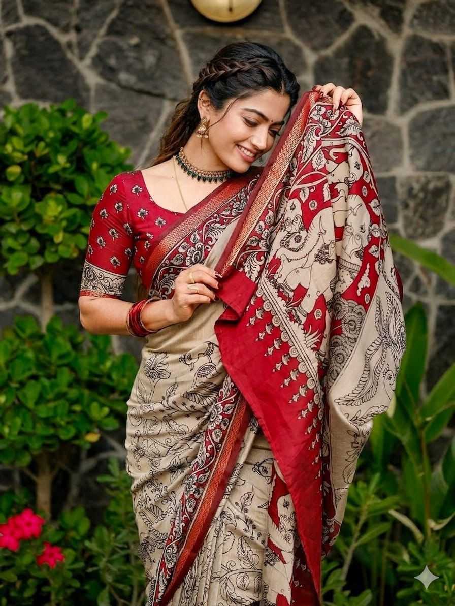 Woman wearing a red and beige saree with a stone wall and greenery in the background
