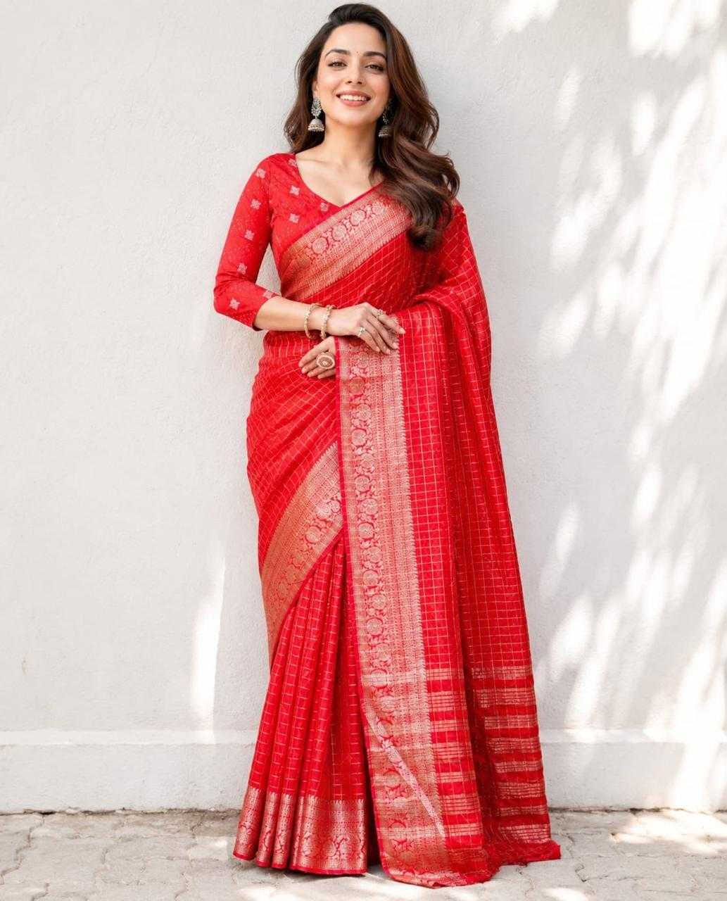 Woman wearing a red saree with white patterns against a white background