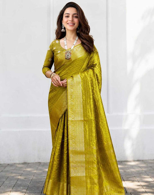 Woman wearing a green saree with a white background