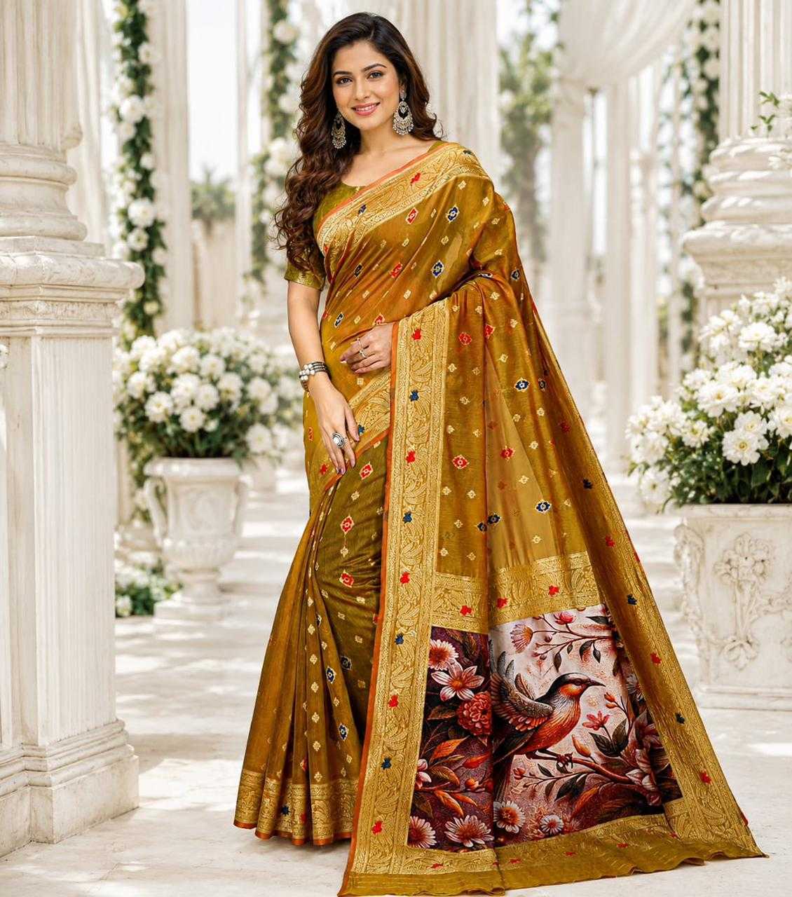 Woman in a mustard yellow saree with floral patterns in an elegant indoor setting.