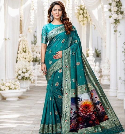 Woman wearing a teal saree with floral patterns in a decorated indoor setting