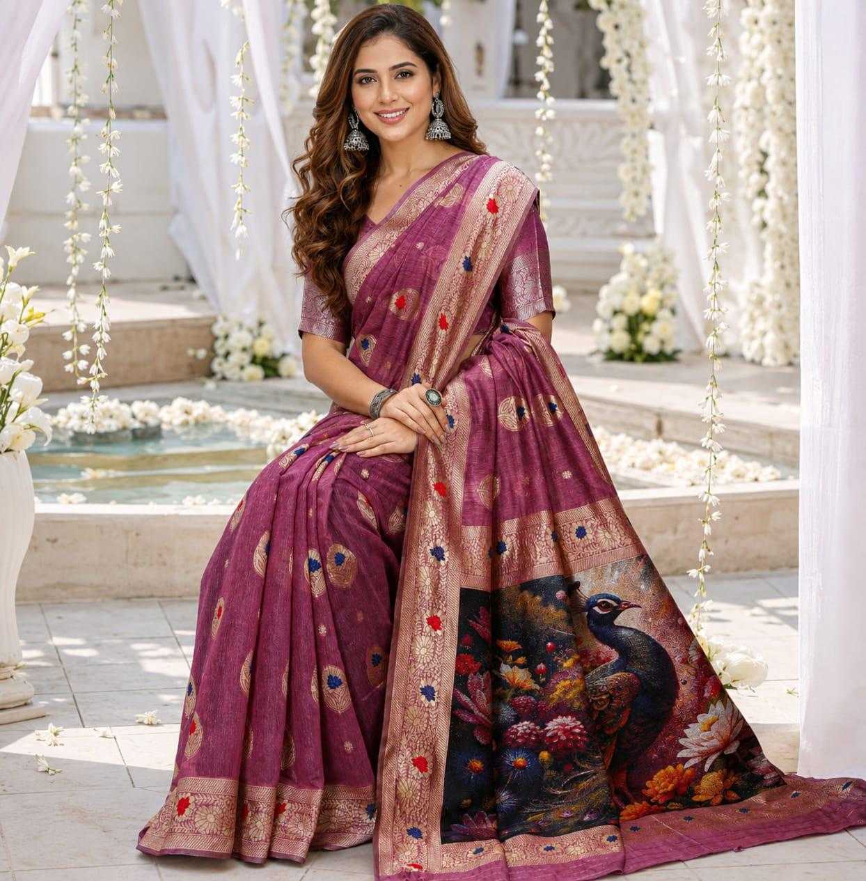 Woman in a traditional saree with intricate designs sitting outdoors.